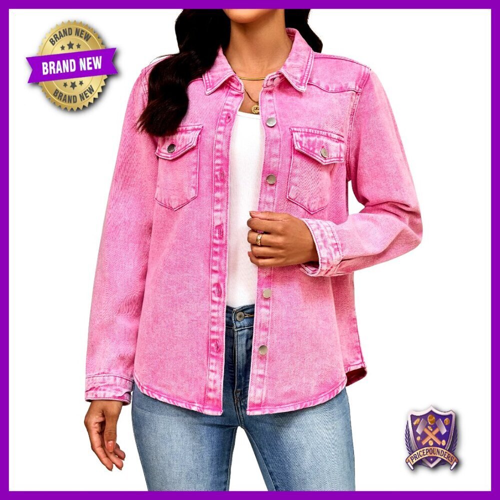 Distressed Denim Jacket Women's Long Sleeve Button Down Shacket Trucker Vintage